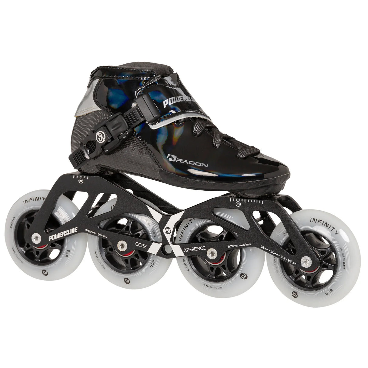 Nærbilde av POWERSLIDE Dragon 84 speedskate, som viser den ergonomiske passformen, justerbar spenne og racing-inspirert design